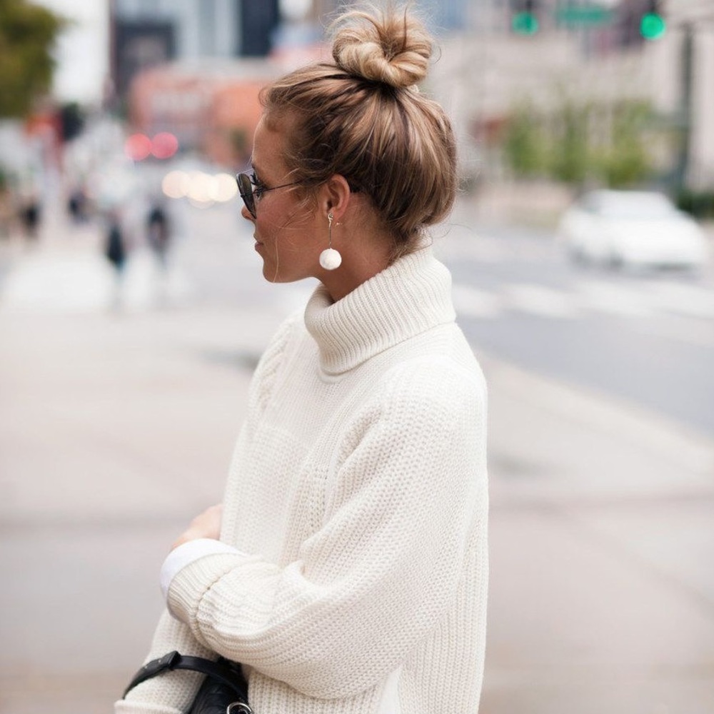 Gold Plated White Felted Wool Pom Poms Long Drop Earrings